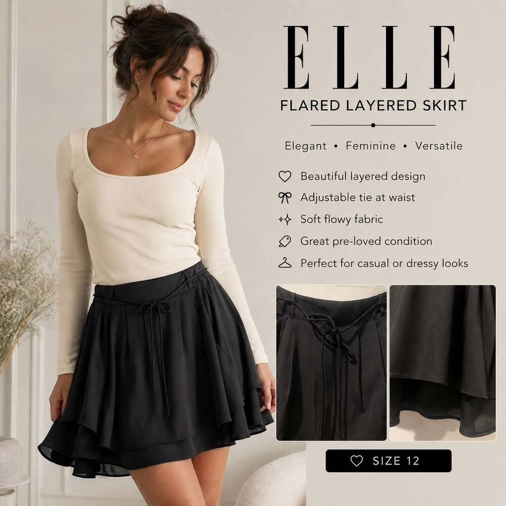 Elle Black Flared Layered Mini Skirt with Adjustable Tie Waist